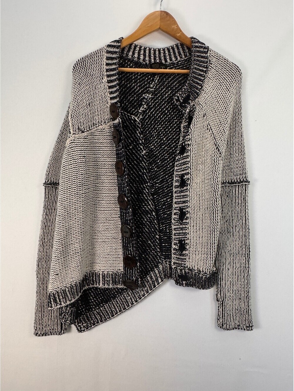 Pure Handknit Black White Cotton Cardigan Asymmetrical Art To Wear Womens M L